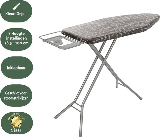 BRASQ Bügeltisch IB300 mit Bügeltischbezug und Halterung für Dampfgerät - 122x43 cm Bügelfläche - Höhenverstellbar - 7 Positionen - bis zu 100 cm