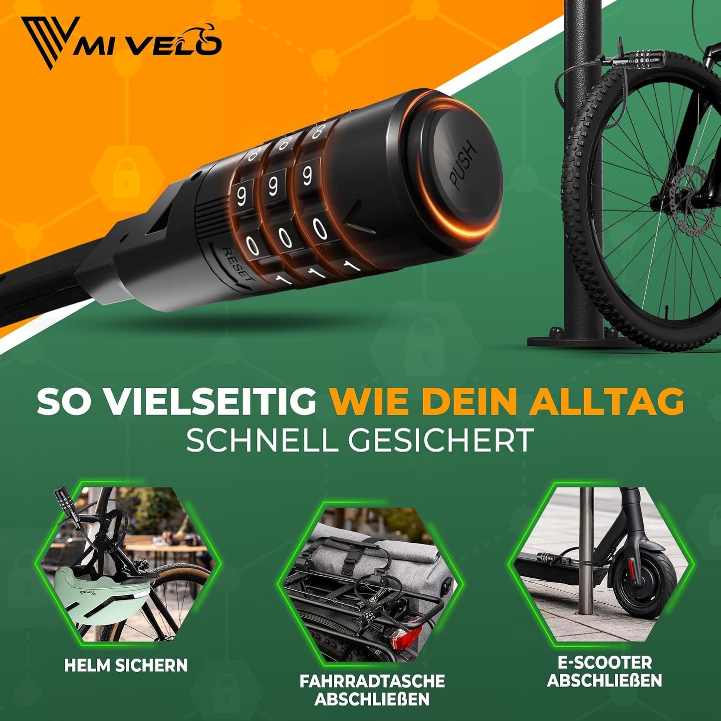 Mivelo Kabelbinder-Schloss mit Zahlencode – Für Helm, Fahrrad und Roller – Ø 50 cm
