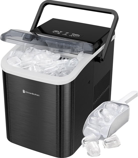 KitchenBrothers Eiswürfelbereiter - 1.5L - Eiswürfelbereiter - Eisportionierer - 12kg/24 Stunden - Tragbar - Selbstreinigungsfunktion - Rotguss-Edelstahl