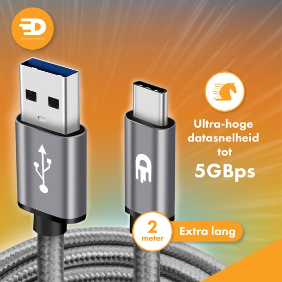 Drivv. USB zu USB C Kabel - Schnellladegerät - USB C Daten- und Ladekabel - 2 Meter - Geeignet für Samsung, iPhone 15 & mehr - Space Grau