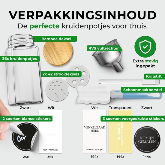 Soothe 36 Glasgewürzdosen quadratisch mit Bambusdeckel - 2 Arten von Streudeckeln - Gewürzstreuer - Gewürzdosen - Komplettset inkl. Gewürzsticker, Kreidestift und Zubehör - 120ml