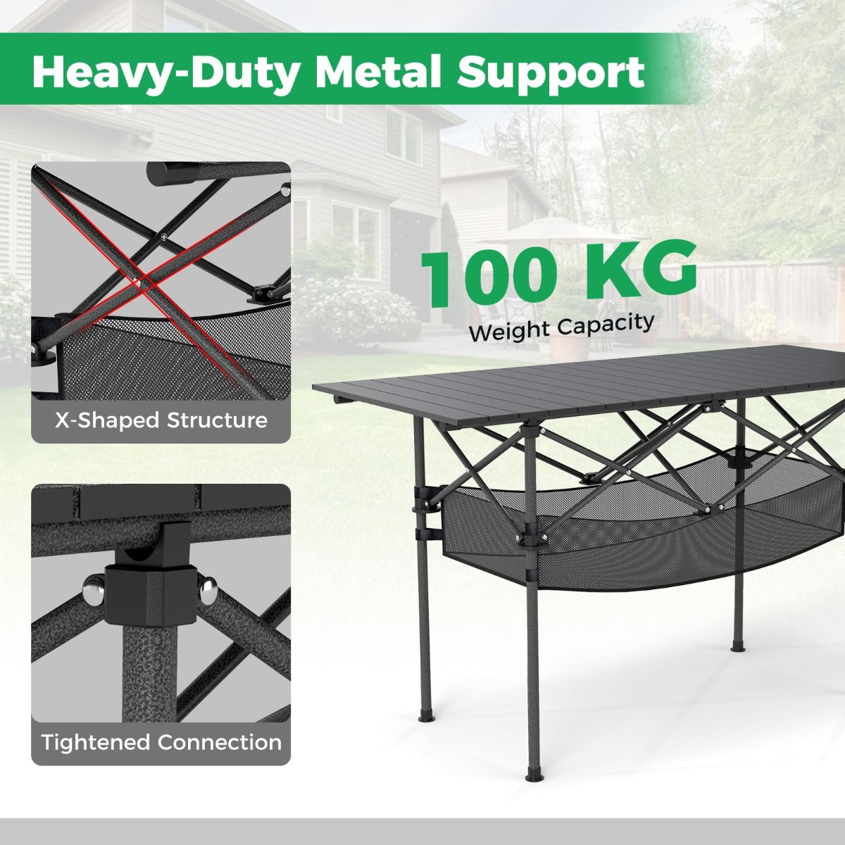Coast Klappbarer Campingtisch – Aufrollbare Tischplatte aus Aluminium – Mit Netzkorb – Schwarz 119 x 56 cm