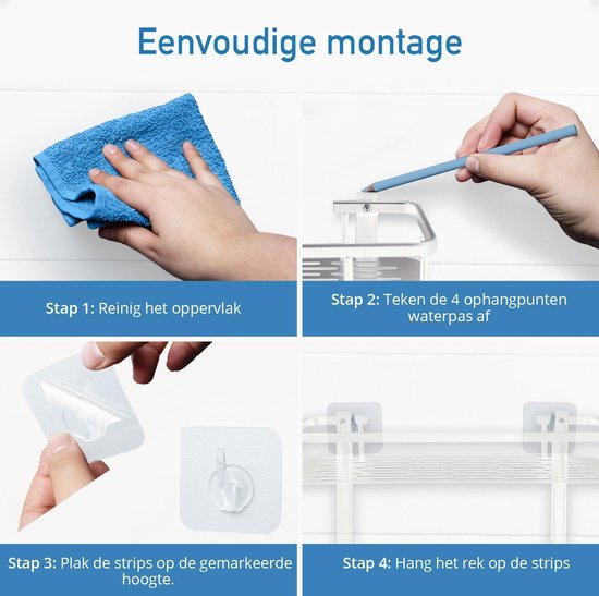 Happy Goods 2-stöckiges Duschregal ohne Bohren - Badezimmerregal - Duschregal silber hängend - Inkl 2 Haken - Badezimmerzubehör - Wandregal