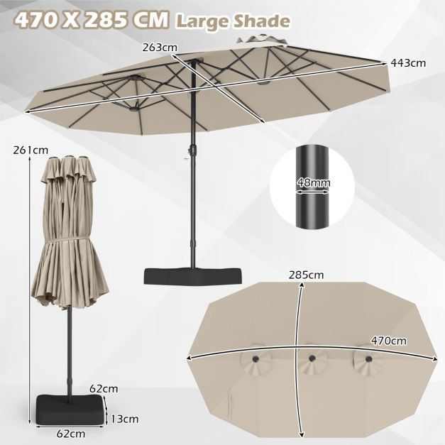Coast Doppel-Terrassenschirm 470 × 285 cm mit Fuß – Großer rechteckiger Sonnenschirm mit Kurbel, 12 Metallstreben und Sandsäcken – für Garten und Terrasse