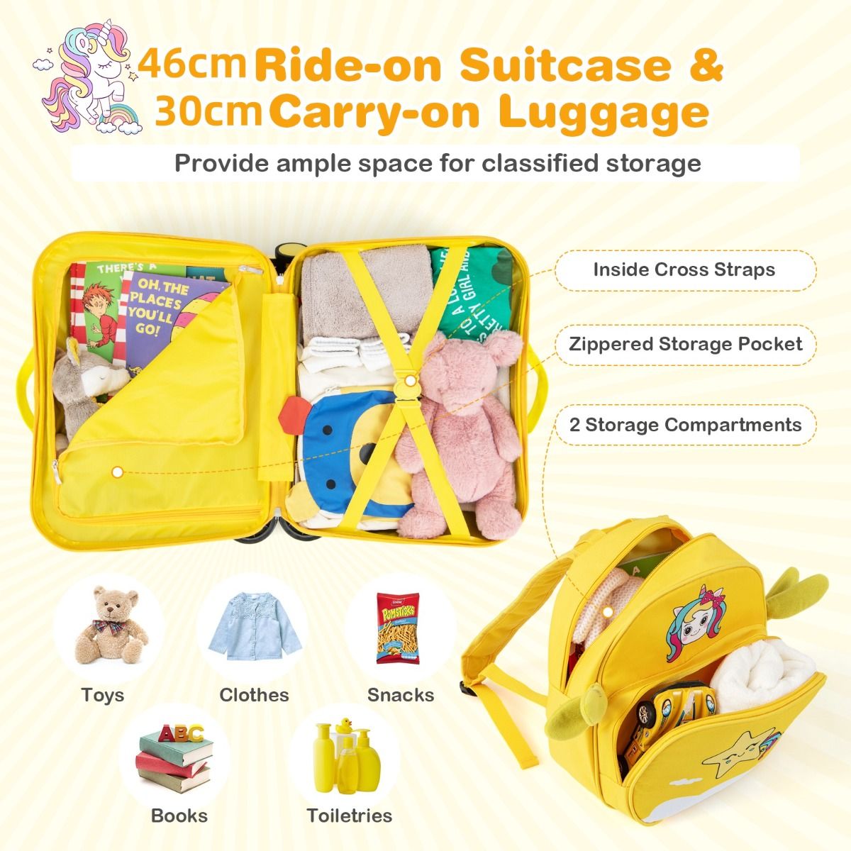 Coast Kinderkoffer- und Rucksack-Set – Ride-on-Koffer mit Rädern – Rucksack mit niedlichem Bienenmotiv – Gelb
