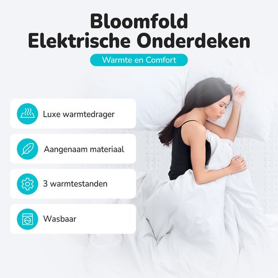 Bloomfold Electric Blanket - 160 x 140 cm - Maschinenwaschbar - 2 Personen - 3 Stufen - Wärmedecke - Weiß/Polyester