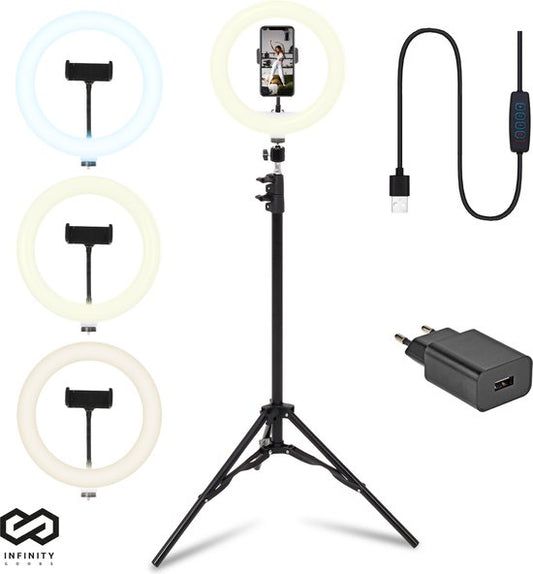 Infinity Goods Ringlicht mit Stativ - LED - 3 Farben - Verstellbares Stativ bis zu 186m - Inklusive Stecker - Selfie Ringlicht für Tiktok / Instagram / Youtube / Streaming / Arbeiten zu Hause - Schwarz