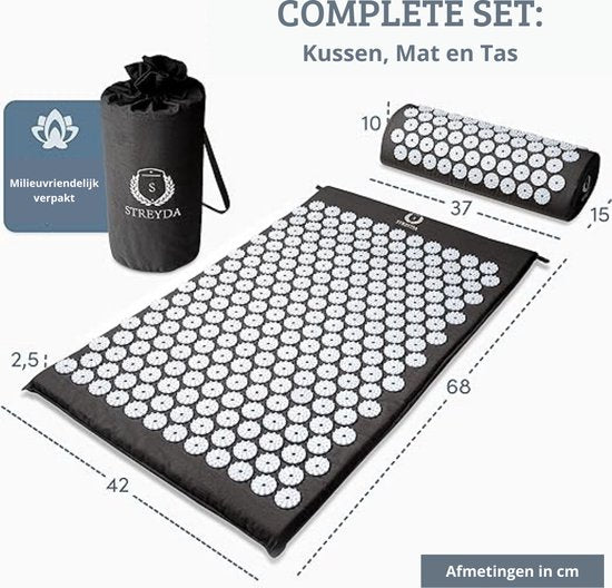 Premium-Akupressurmatte – Akupressurmatten-Set – Nagelmatte – Shakti-Matte – Massagematte – Optimale Entspannung – Inklusive Tasche und Kissen – Überall einsetzbar – Hochwertiges Material – Schwarz