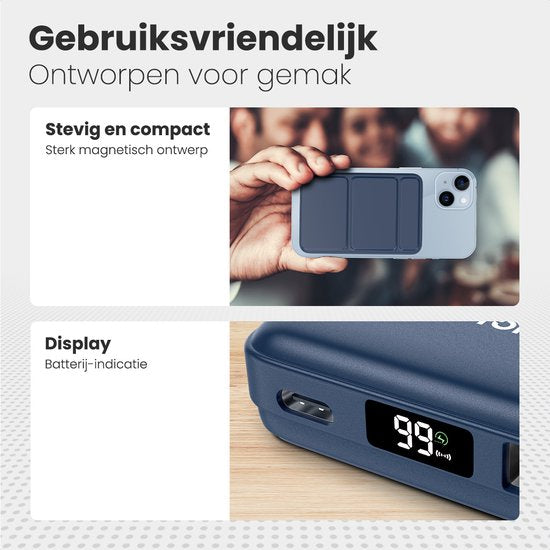 Auronic Powerbank - 10000 mAh - Geeignet für iPhone 12/13/14/15 und MagSafe - 22.5W - Kabelloses Laden - Blau