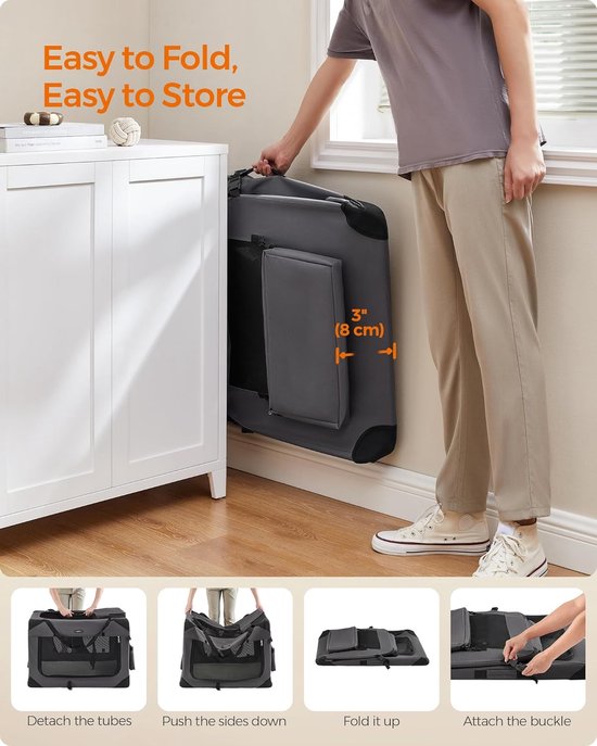 Feandrea Faltbare Reisetasche für Haustiere PDC90G01 – Große weiche Transportbox für Hunde und Katzen, 91 × 63 × 63 cm – Grau – Atmungsaktiv mit Netzfenstern und Staufächern