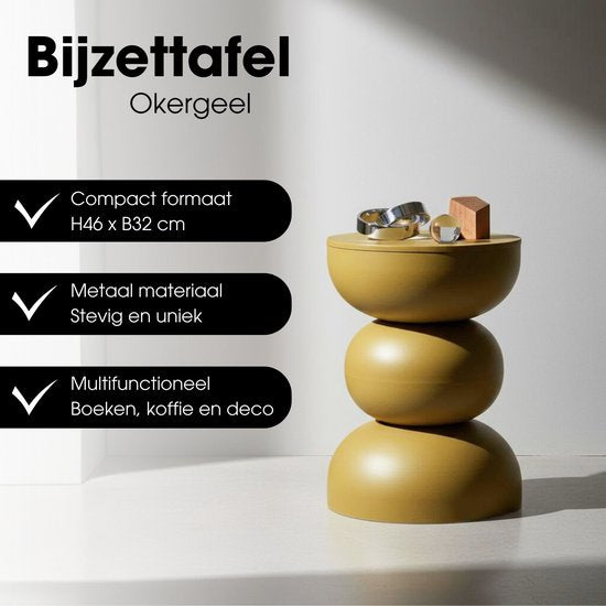 Mica Decorations Luna Beistelltisch – Runder Beistelltisch H46 x Ø32 cm – Eisen-Beistelltisch für Schlafzimmer oder Wohnzimmer – Nachttisch oder Pflanzentisch – Ockergelb