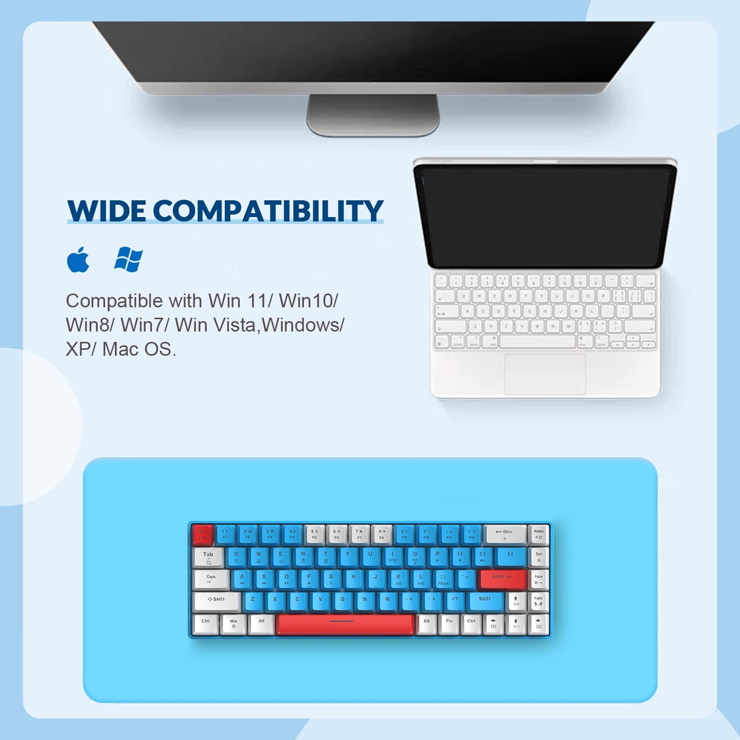 YINDIAO T8 60 % Gaming-Tastatur, 68 Tasten, kompakt, kabelgebunden, mechanische Mini-Tastatur mit 18-farbiger Chroma-RGB-Hintergrundbeleuchtung, rote Schalter, USB-C-Spiralkabel, für PC, Mac – hellgrau