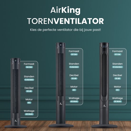 AirKing Turmventilator 117cm - Säulenventilator mit Fernbedienung - Timer - 3 Geschwindigkeitsmodi - Oszillation & dimmbarer LED-Bildschirm - Energieeffizient - Ventilator zur Raumkühlung - Schwarz