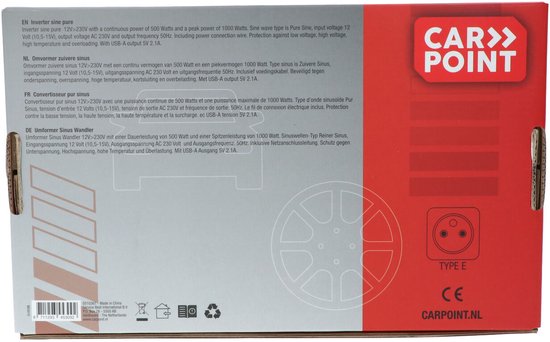 Carpoint-Wechselrichter – 12 V > 230 V – Reine Sinuswelle – Dauerleistung 500 W - Spitzenleistung 1000 Watt – Ausgang mit französischer/belgischer Steckdose – Permanenter Anschluss an die Batterie – Stoßfest – Temperaturgesteuerter Lüfter – Abmessungen 21