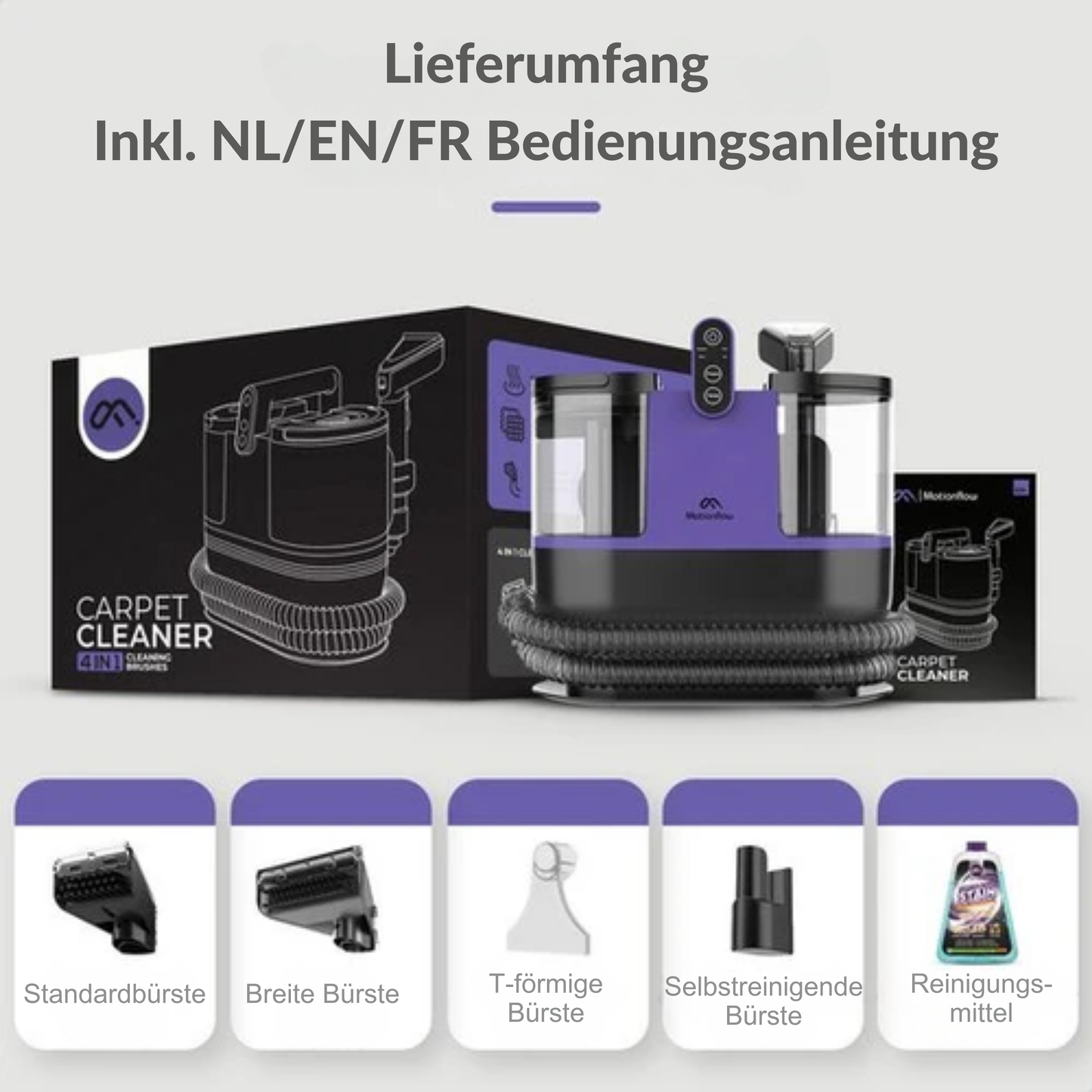 Motionflow 4-in-1 Teppichreiniger - 1800 ml Wassertank - Heizfunktion - Selbstreinigend - 40 x 28 x 38 cm - Lila