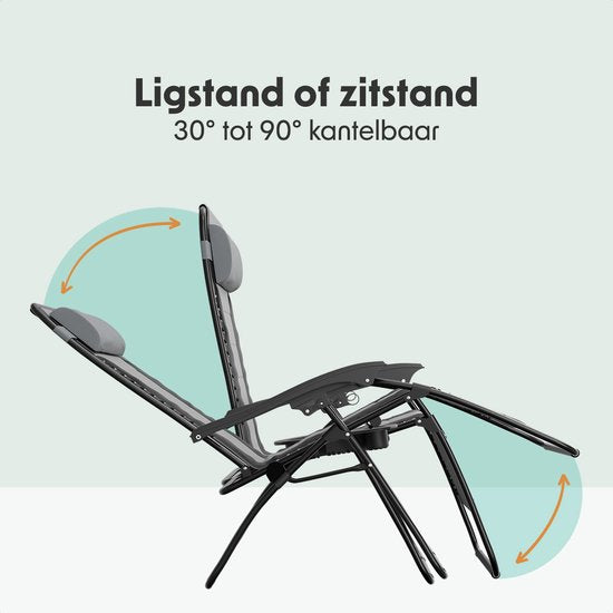 LifeGoods Lounger Comfort - klappbar - 30°-90° verstellbar - Tassen- und Telefonhalter - Gartenstuhl - Schwarz/Grau
