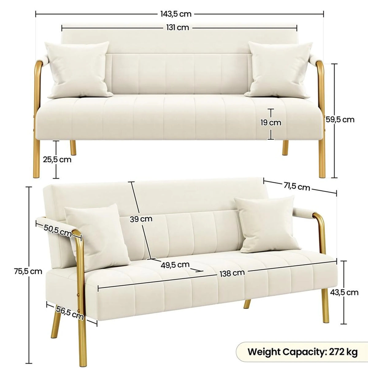 2-Sitzer-Stoffsofa mit Armlehnen und Metallbeinen, beige, 143,5 × 71,5 × 75,5 cm
