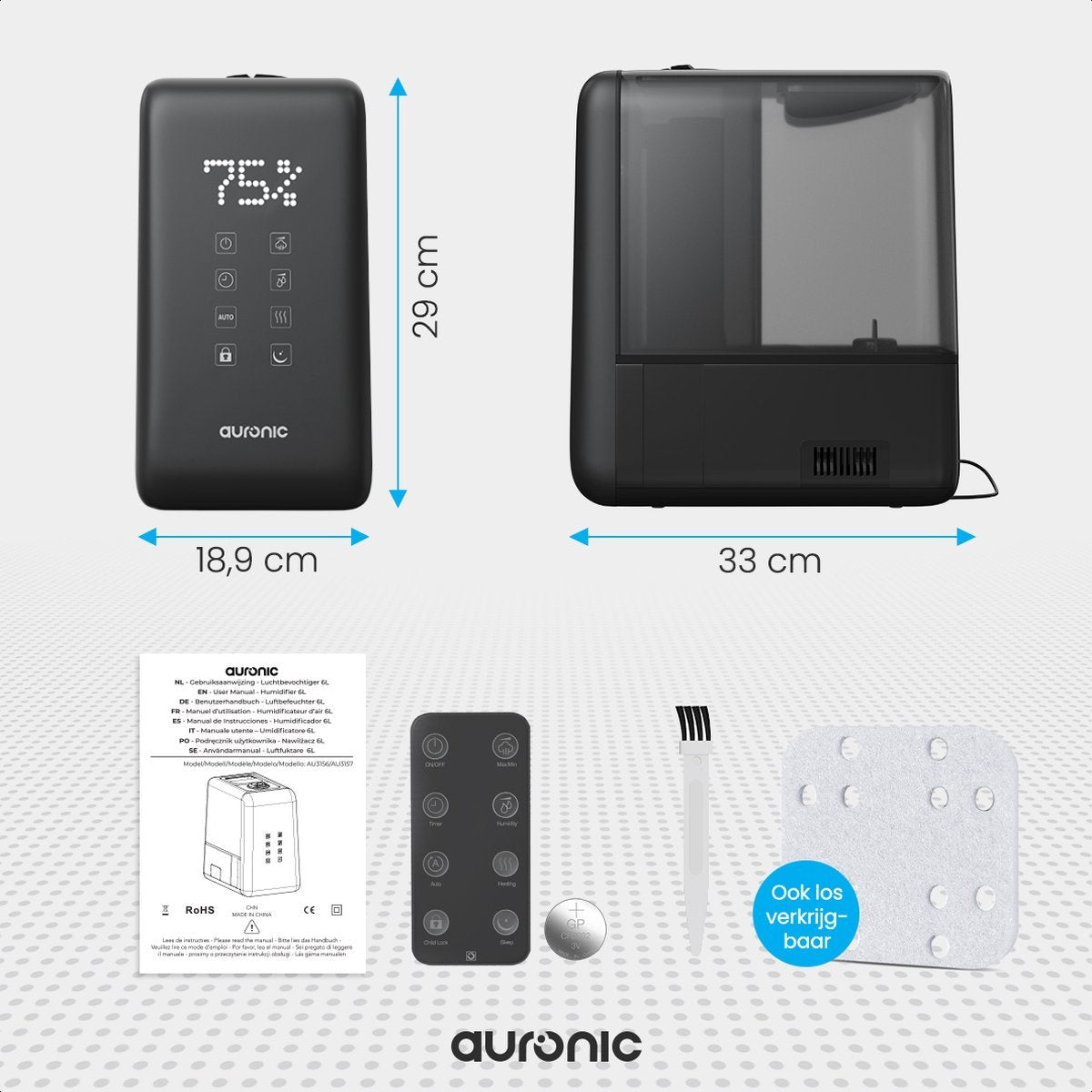 Auronic Luftbefeuchter - 3 Wärmestufen - 6L Tankkapazität - 70m2 - Wasserfilter inklusive - Schwarz