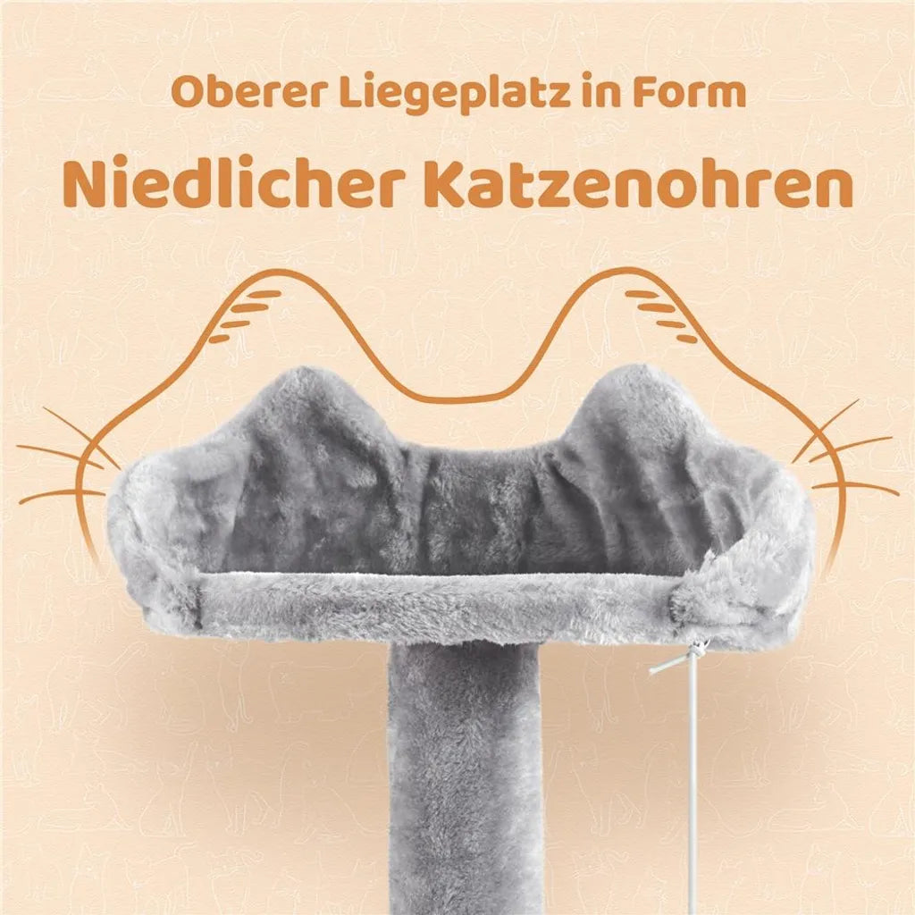 Yaheetech Kratzbaum 146 cm – mit 2 Katzenhöhlen – 3 Aussichtsplattformen – hellgrau