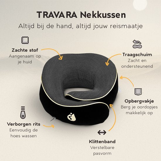 TRAVARA Nackenkissen - Reisekissen - Für Flugzeug - Auto - Memory Foam - Mit Ohrstöpseln - Schwarz