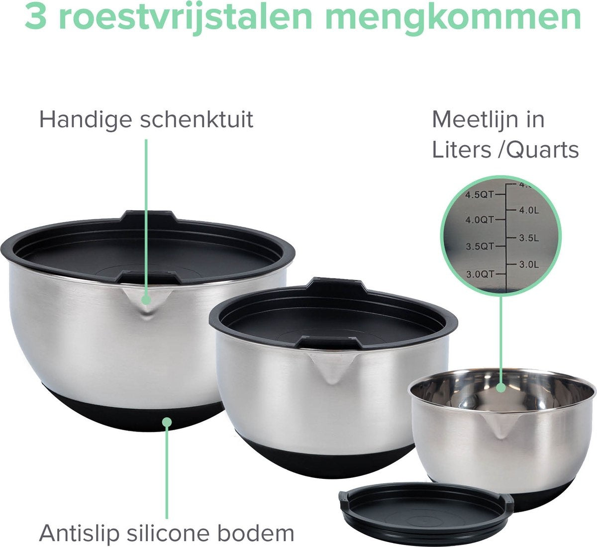 Coninx Rührschüsselset 3-teilig - Rührschüsseln mit Deckel - Rutschfest - Messanzeige - Ausgießer - Edelstahl