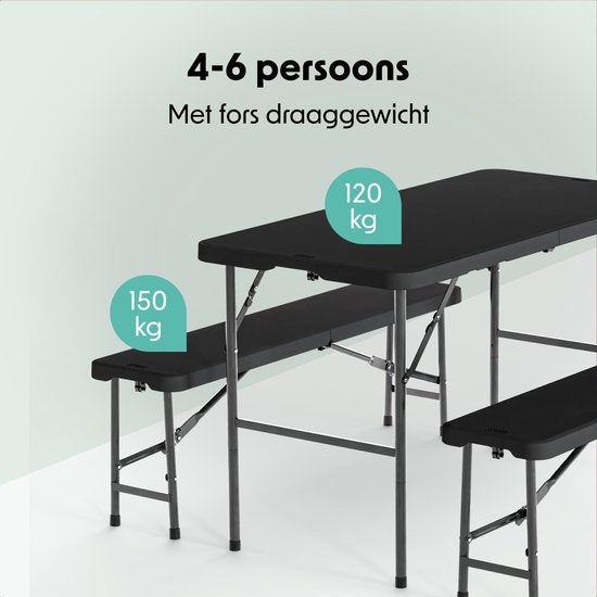 LifeGoods Zusammenklappbares Picknick-Set - 124cm x 61.5cm - Gartentisch mit 2 Bänken - Wetterfest - Campingtisch - Biertisch zusammenklappbar - Für Innen und Außen - Für 4 bis 6 Personen - Schwarz