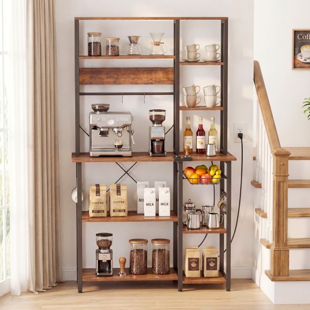 Coast 6-lagiges Küchenregal mit Steckdose – Mikrowellenregal mit ausziehbarem Drahtkorb, 12 Haken und USB-Anschluss, 99 × 40 × 170 cm – Rustikales Braun/Schwarz