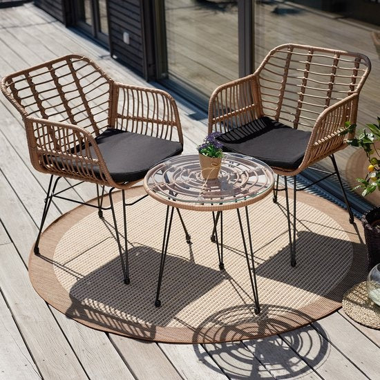 tectake - Outdoor-Geflechtsitzgruppe, Möbel für 2 Personen, 3-teilig. Bistro-Set, Balkonmöbel, Gartenmöbel-Set mit 2x Stühlen + Tisch, kleine Lounge wetterfest für Garten, Balkon oder Terrasse - naturfarben - Poly-Rattan