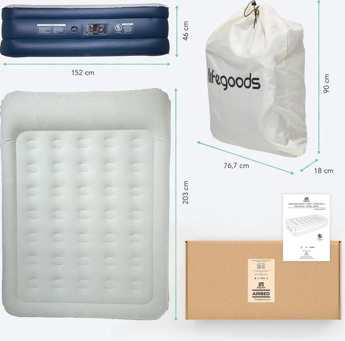 LifeGoods - Luftmatratze für 2 Personen - integrierte Pumpe - inkl. Tragetasche und Reparaturset - Blau