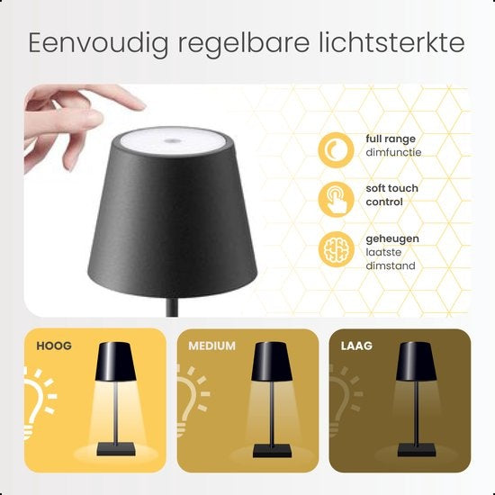 Goliving Tischlampe Wiederaufladbar - Kabellos und dimmbar - Moderne Touch-Lampe - Nachtlampe für das Schlafzimmer - 26 cm - Schwarz