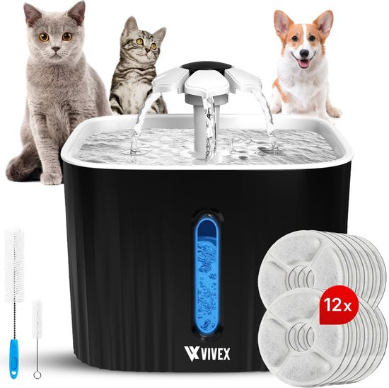 Vivex® Trinkbrunnen – Trinkbrunnen für Katzen und Hunde – inkl. 12 Filter und Reinigungszubehör – sehr leise – zusätzliche Filter
