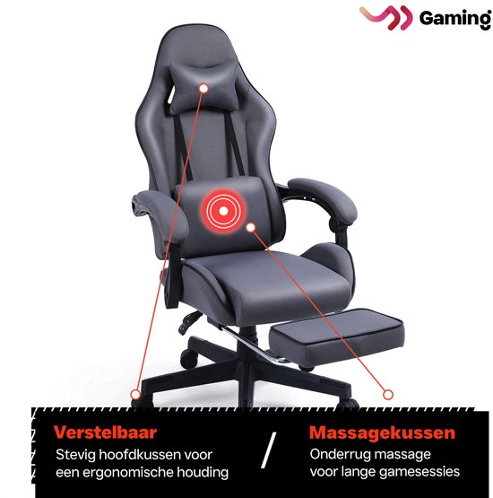 VDD – Gaming-Stuhl mit Fußstütze – gepolsterte Armlehnen – höhenverstellbar – Massagekissen – grau