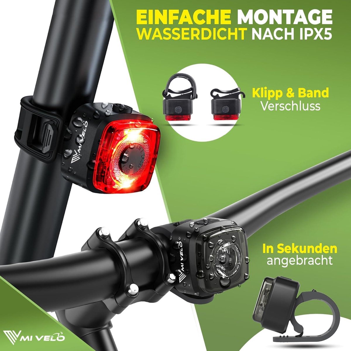 MIVELO Fahrradlichtset - Mit Bremsanzeige -  StVZO geprüft - Wasserdicht - Schwarz