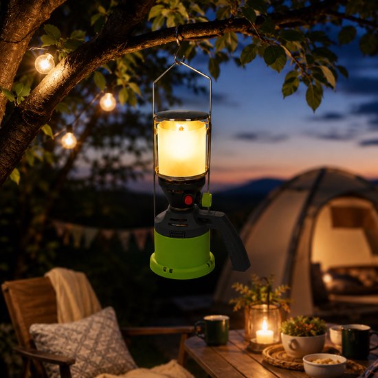 Kinzo Gaslampe – Campinglampe mit Gasbetrieb – Mit Piezo-Zündung und Tragegriff – Inklusive 3 Gasschläuche – 500 W