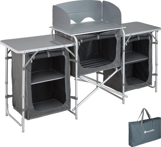 Tectake Campingküche - 172x52x104cm - Klappbar - Abschließbare Fächer - Inkl. Windschutz - Grau