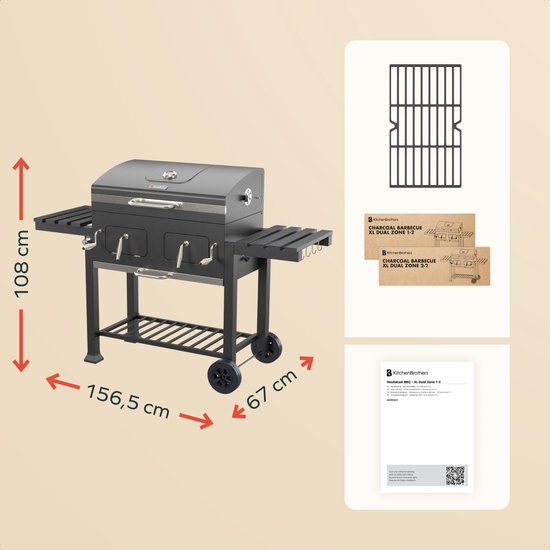 KitchenBrothers Holzkohle-Grill XL – Dual-Zone-Räuchergrill – Mit verstellbaren Kohlerosten und klappbaren Seitentischen – PFAS-frei – Grillfläche 42,3 x 75,8 cm – Schwarz