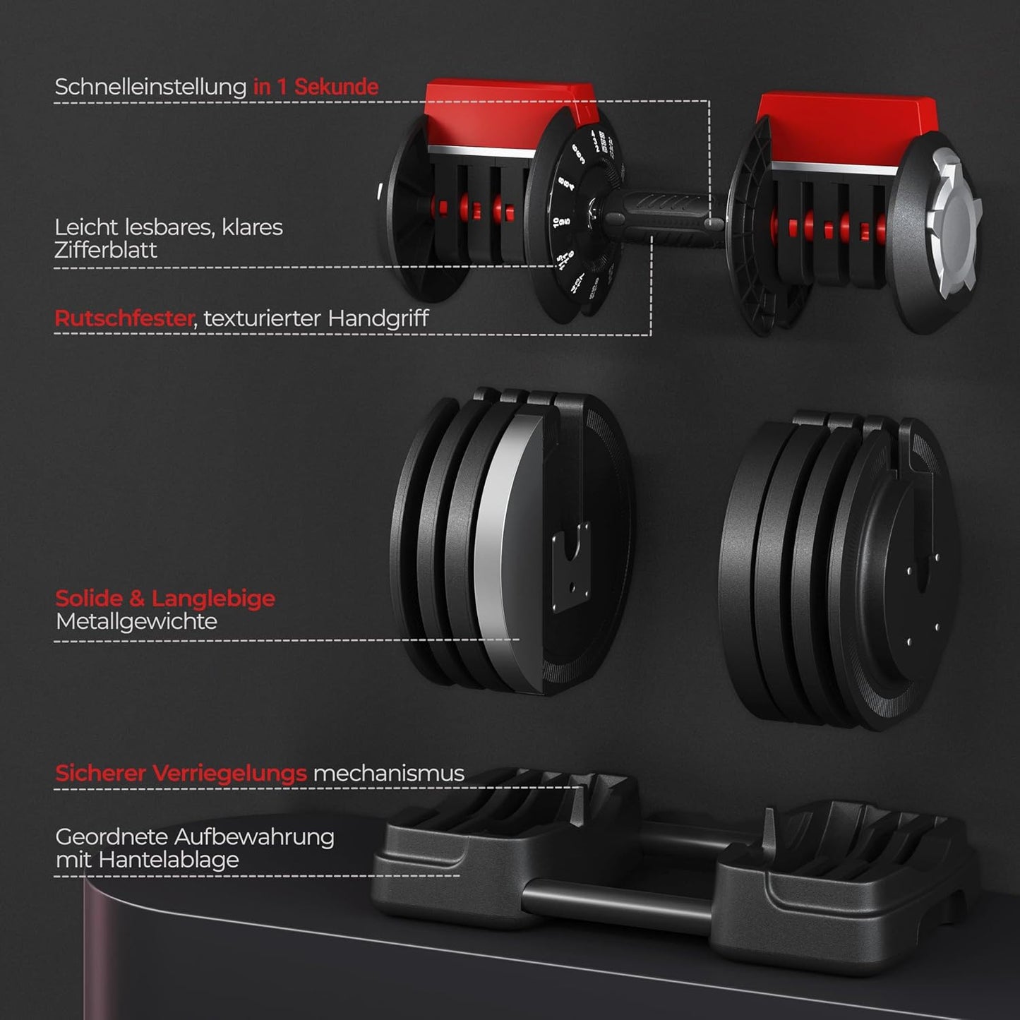 Yaheetech Verstellbares Hantelset – 18/24/40 kg – 3-in-1 – 12 Gewichtsstufen – Kurze Hantel, Kettlebell und Lange Hantel