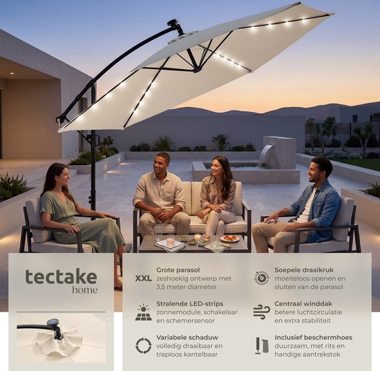 tectake® Schwebeschirm mit Sockel – 3,5 x 3,5 m – Gartenschirm mit solarbetriebener LED-Beleuchtung – schwenkbar – wasserabweisendes Polyester mit UV-Schutz – inklusive Schutzhülle – Beige