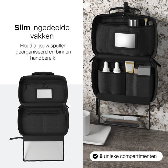 ONYX Kulturtasche Schwarz - Schminktasche - Kosmetiktasche - Intelligentes Layout - Beautycase & Schminkspiegel - Kosmetiktasche zum Aufhängen mit Haken - Damen und Herren - Größe: M