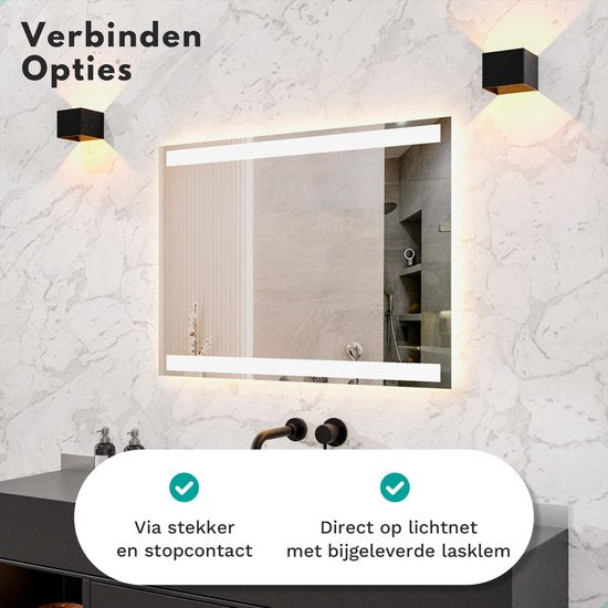 Mirlux Badezimmerspiegel mit LED-Beleuchtung & Heizung - Wandspiegel rechteckig- Anti-Kondensations-Duschspiegel - 90x65CM