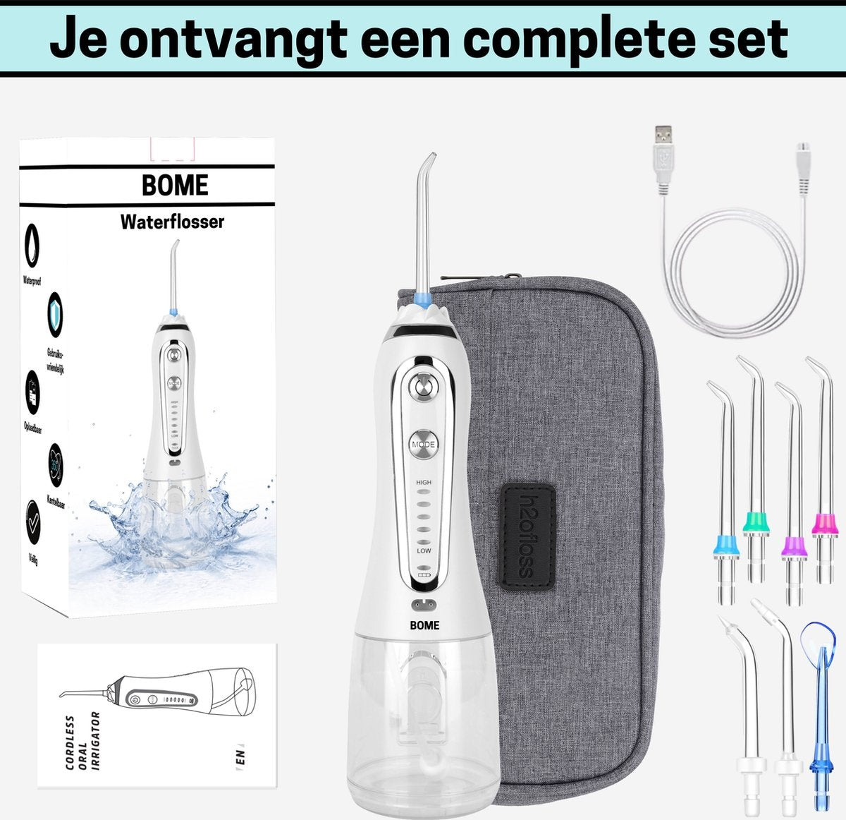 BOME Water Flosser mit 7 Aufsätzen - Mundspülung - Zahnstein vorbeugen - kabellos - 5 Stufen - Weiß