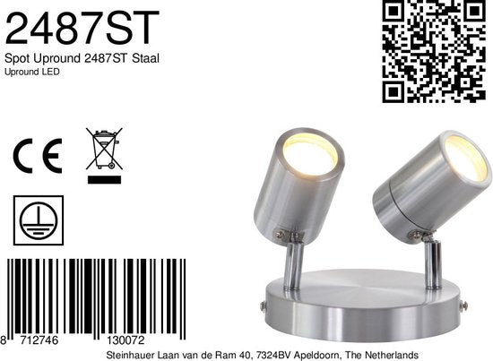 Stahlfarbener 2-flammiger Strahler Upround 2487ST – Dreh- und neigbar – Modernes Design – Inklusive Leuchtmitteln – Mexlite – Für den Innenbereich geeignet, IP44, max. Tiefe 15 cm