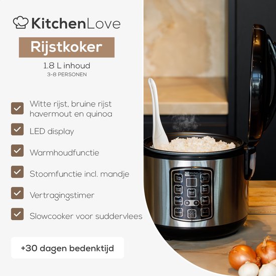 KitchenLove Reiskocher mit Dampfgarer - 1.8L - Aufwärmfunktion - 3 bis 8 Personen - Edelstahl -Schwarz