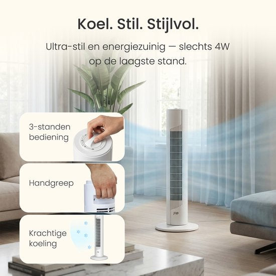 Energieeffizienter Ventilator – Turmventilator mit 3 Gebläsestufen und Schwenkfunktion – Schlafzimmer – Weiß – JAP Quebec