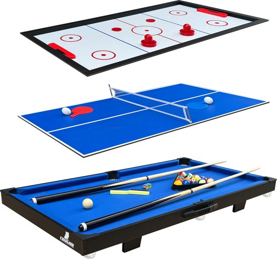 Cougar 3-in-1-Multispieltisch Mini Schwarz-Blau – Billardtisch – Push-Hockey – Tischtennis – Inklusive sämtlichem Zubehör