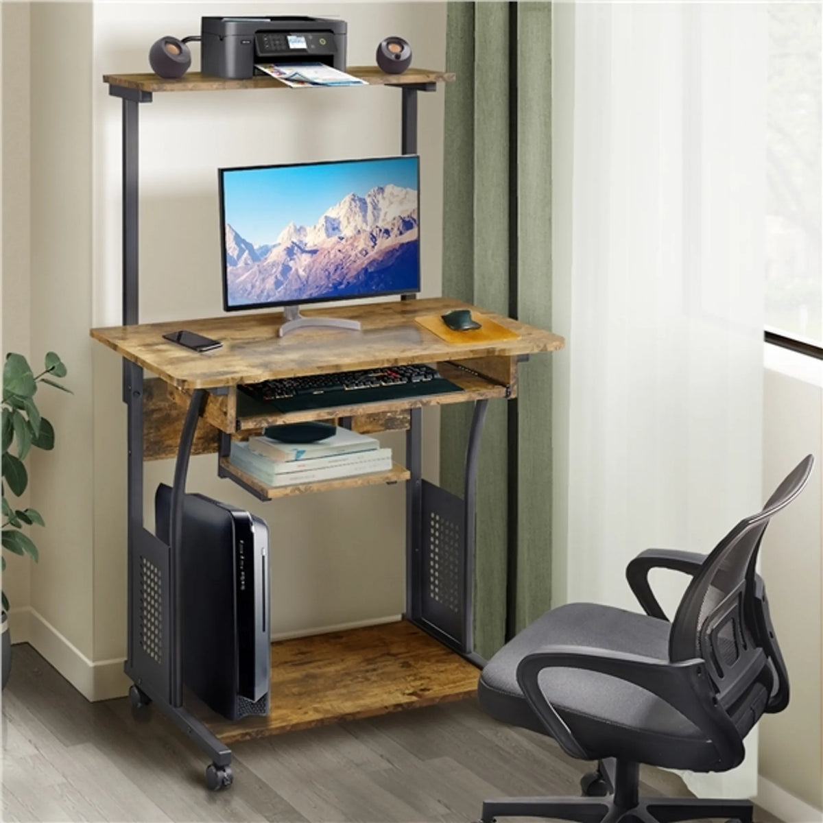 Yaheetech Computertisch mit Ablageböden und Rollen – 80,5 x 60 x 132 cm – Rustikales Braun