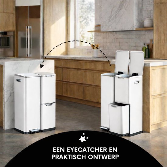 Bayt Mülleimer - Mülleimer 60 Liter - Mülleimer 60 Liter - Treteimer 60 Liter - Mülleimer Abfalltrennung - Mülleimer 3 Fächer - Mülleimer - Edelstahl - Weiß