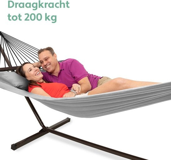 Vita5 Hängematte mit Ständer und Spreizstange - 2-Personen - inkl. Getränkehalter - abnehmbares Kissen - UV-beständig - Hellgrau