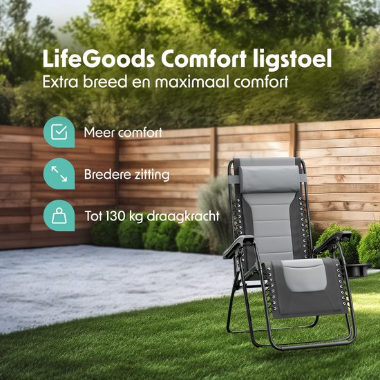 LifeGoods Lounger Comfort - klappbar - 30°-90° verstellbar - Tassen- und Telefonhalter - Gartenstuhl - Schwarz/Grau