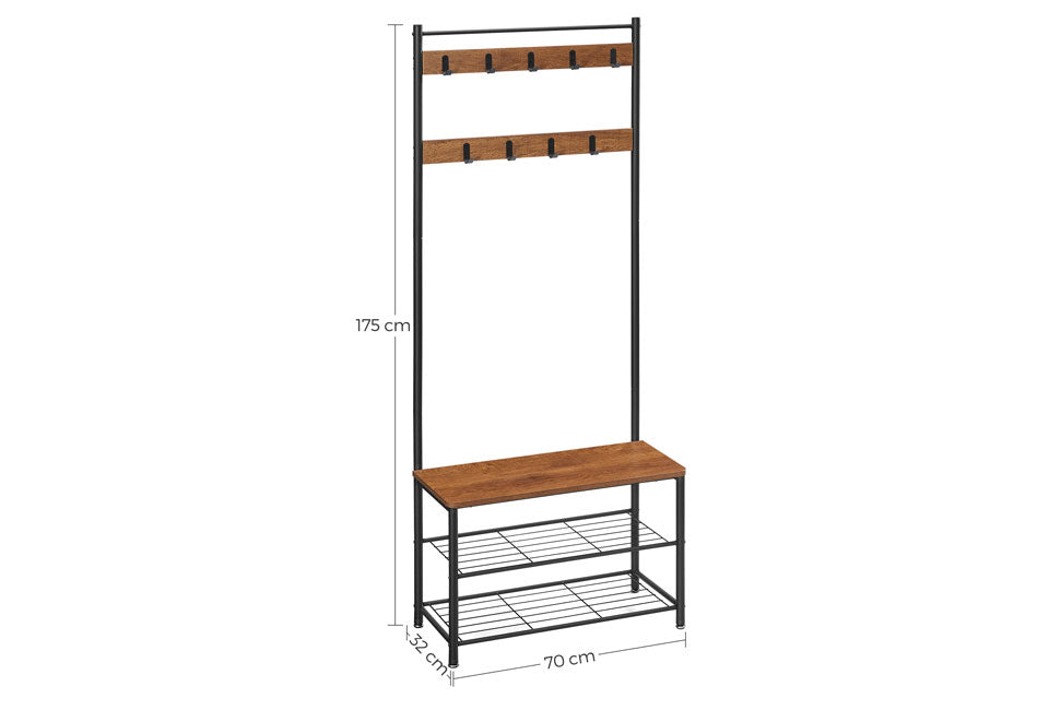 Home&Comfort Multifunktionale Garderobe, Schuhregal und Bank in 1 - 70x32x177 cm - Holzoptik & Schwarz